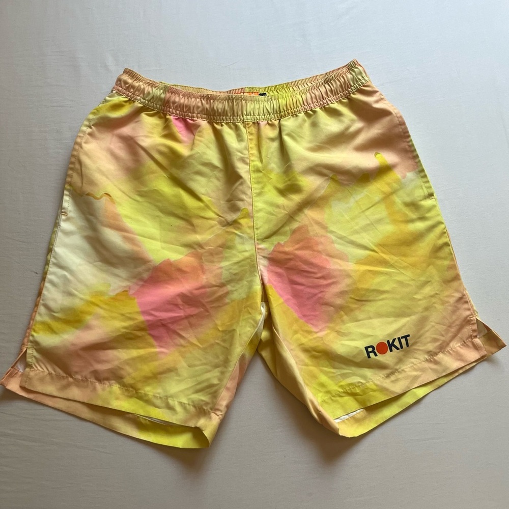ROKIT yellow pink tie dye logo‎ elastic waist shorts
